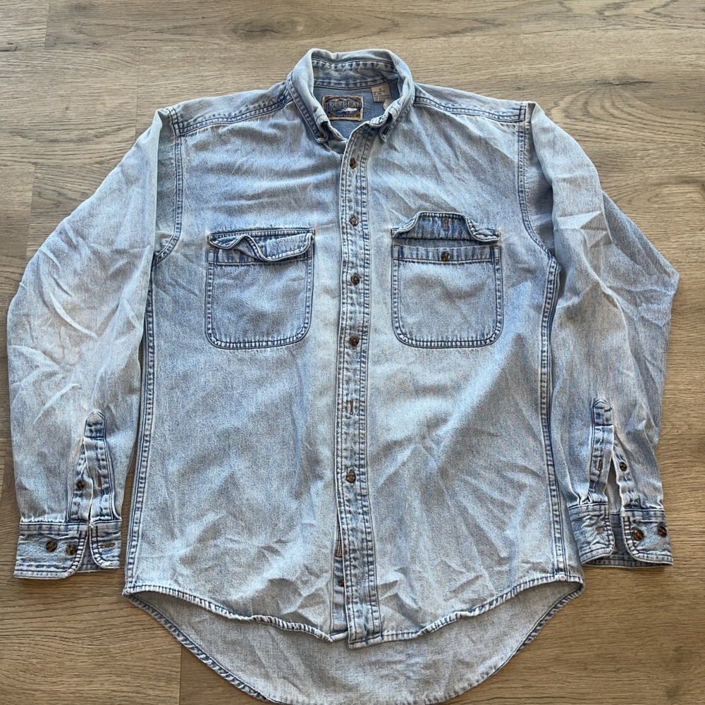 Vtg 90s Upstream Denim Shirt Mens S Light Wash Utility Workwear Outdoor Cotton